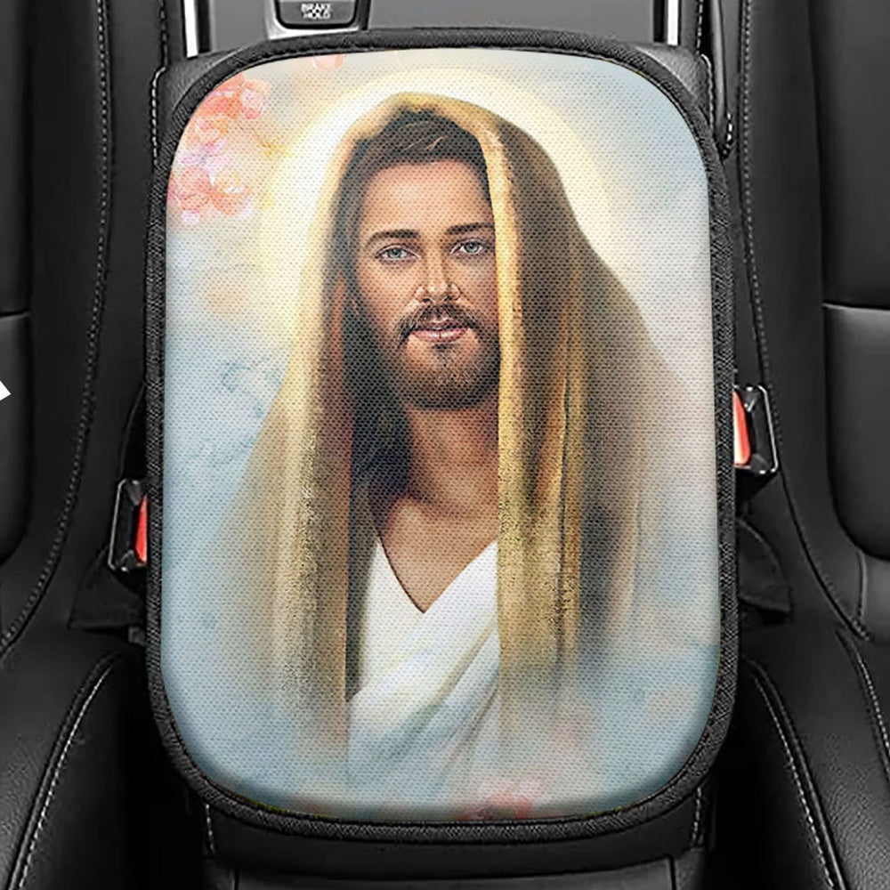 Jesus Portrait He Restores My Soul Seat Box Cover, Jesus Christ Car Center Console Cover, Christian Car Interior Accessories
