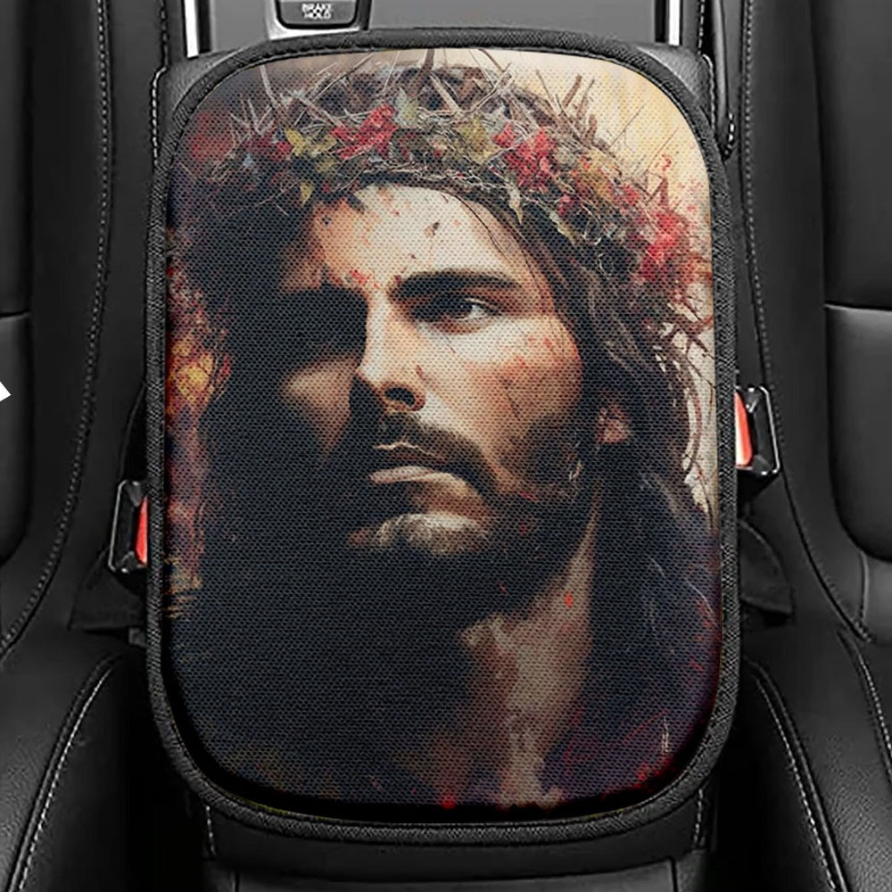 Jesus Portrait Seat Box Cover, Jesus Car Center Console Cover, Christian Car Interior Accessories 3