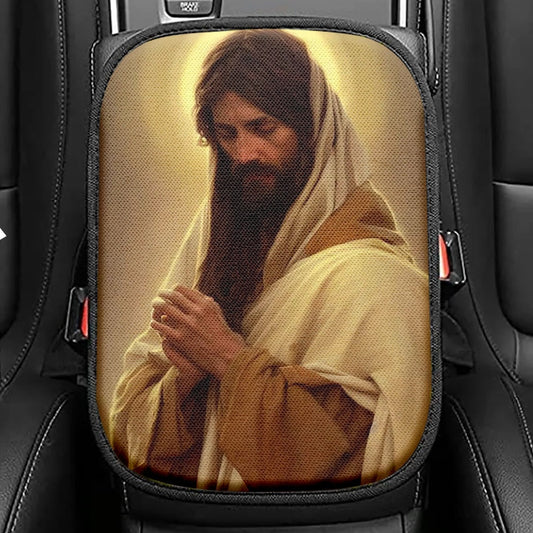 Jesus Pray Crown Of Thorn Lion Seat Box Cover, Jesus Portrait Car Center Console Cover, Christian Car Interior Accessories