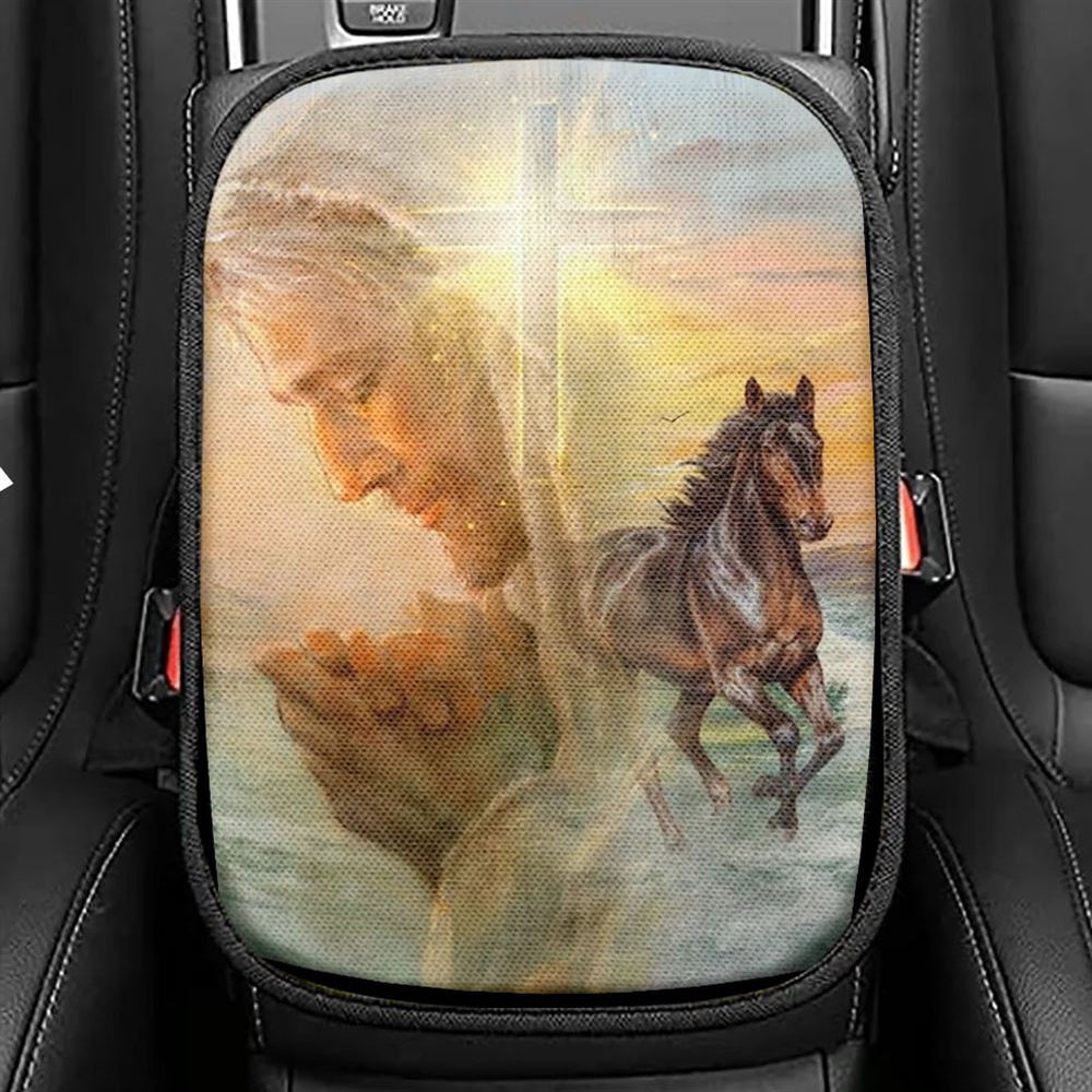 Jesus Pray For Healing Horse Cross Symbol Car Center Console Cover, Christian Armrest Seat Cover, Bible Seat Box Cover