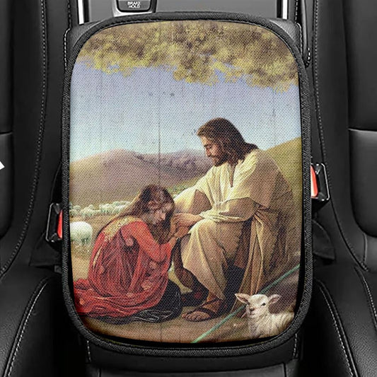 Jesus, Pray For Healing, Lamb, Meadow Land Car Center Console Cover, Christian Armrest Seat Cover, Bible Seat Box Cover
