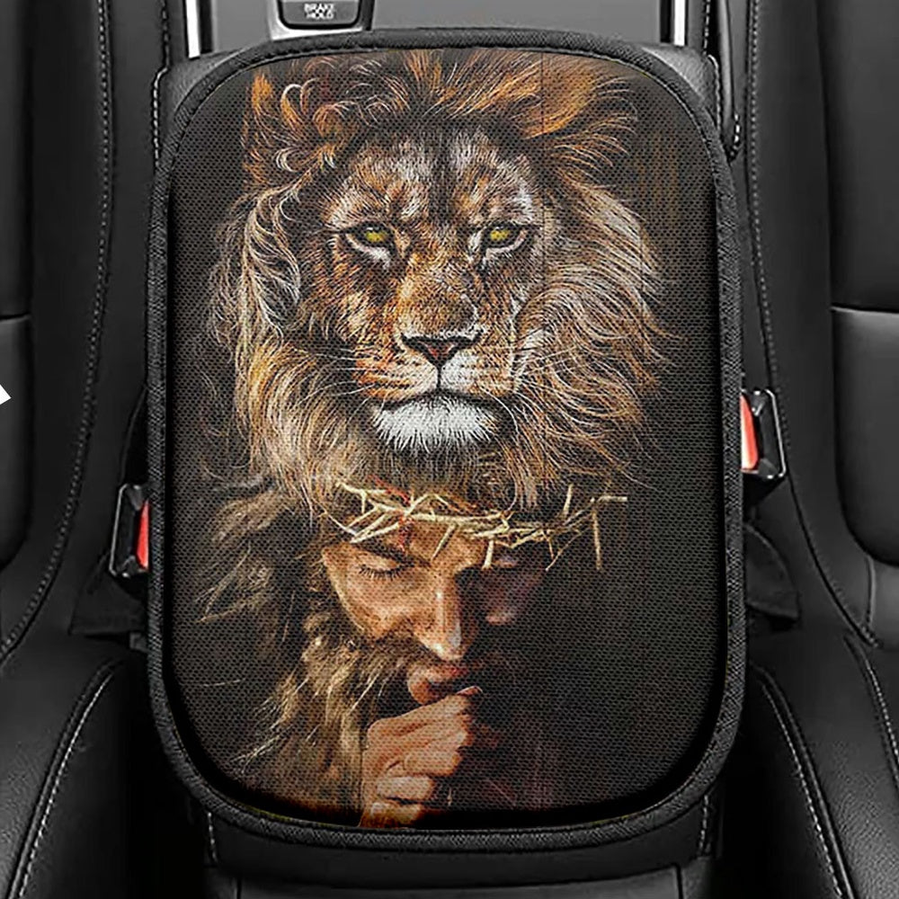 Jesus Pray For Healing Lion Of Judah Seat Box Cover, Bible Verse Car Center Console Cover, Inspirational Car Interior Accessories