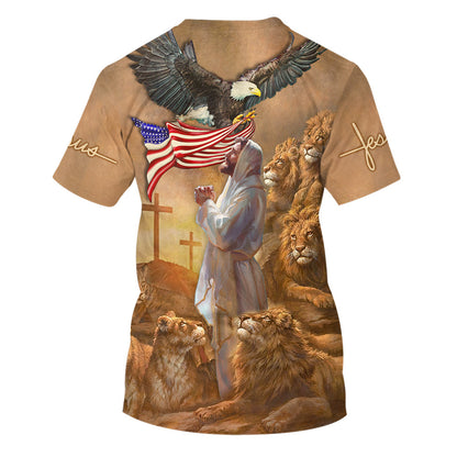 Jesus Pray Lion And Eagle American 3d All Over Print Shirt - Christian 3d Shirts For Men Women