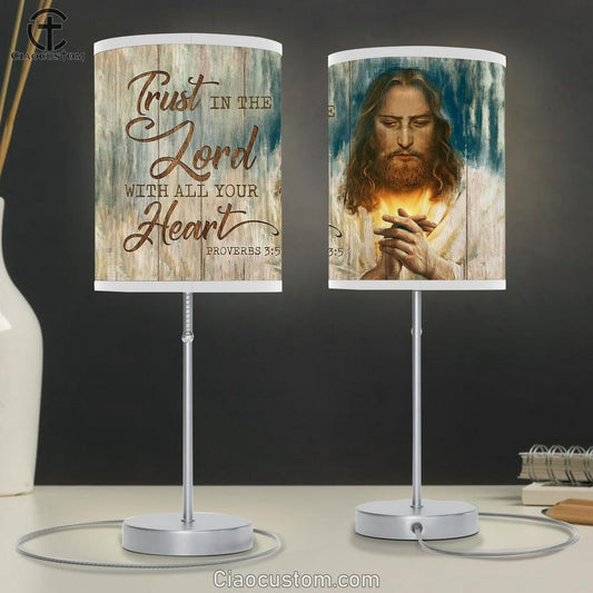 Jesus Pray Trust in the Lord with all your heart Table Lamp For Bedroom - Bible Verse Table Lamp - Religious Room Decor