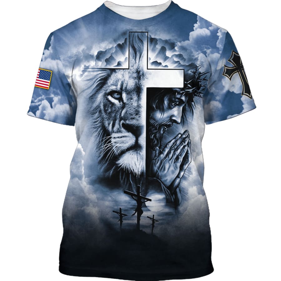 Jesus Prayer The Lion Of Judah Cross 3d Shirts - Christian T Shirts For Men And Women