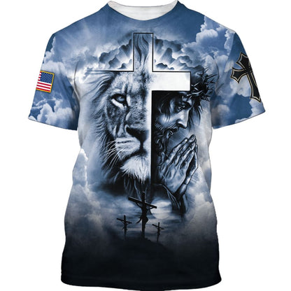 Jesus Prayer The Lion Of Judah Cross 3d Shirts - Christian T Shirts For Men And Women