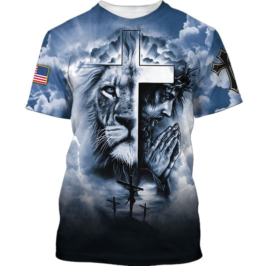 Jesus Prayer The Lion Of Judah Cross 3d Shirts - Christian T Shirts For Men And Women