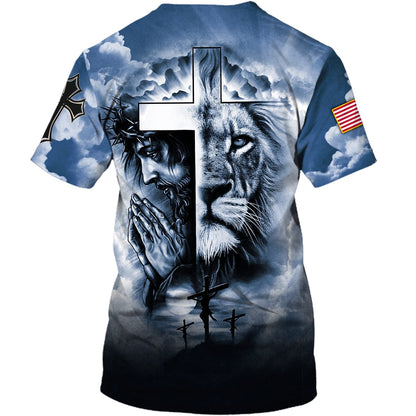 Jesus Prayer The Lion Of Judah Cross 3d Shirts - Christian T Shirts For Men And Women