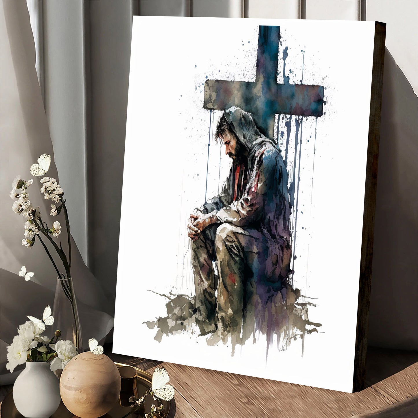 Jesus Praying Before the Cross in Watercolor - Jesus Canvas Art - Christian Wall Canvas