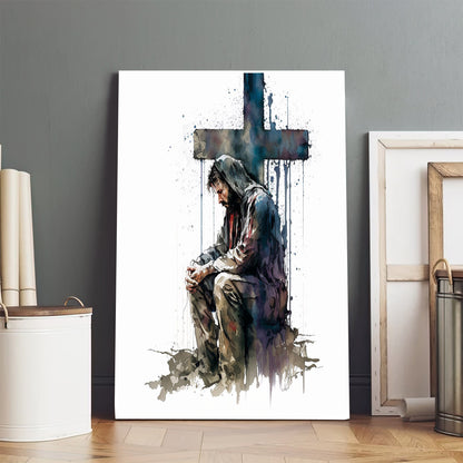 Jesus Praying Before the Cross in Watercolor - Jesus Canvas Art - Christian Wall Canvas