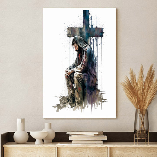 Jesus Praying Before the Cross in Watercolor - Jesus Canvas Art - Christian Wall Canvas