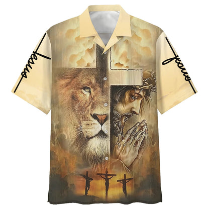 Jesus Praying Lion Of Judah Christian Cross Faith Hawaiian Shirt - Best Hawaiian Shirts - Christian Hawaiian Shirt
