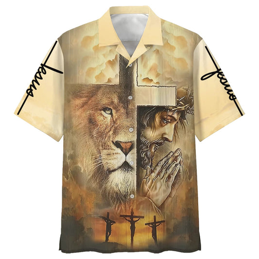 Jesus Praying Lion Of Judah Christian Cross Faith Hawaiian Shirt - Best Hawaiian Shirts - Christian Hawaiian Shirt