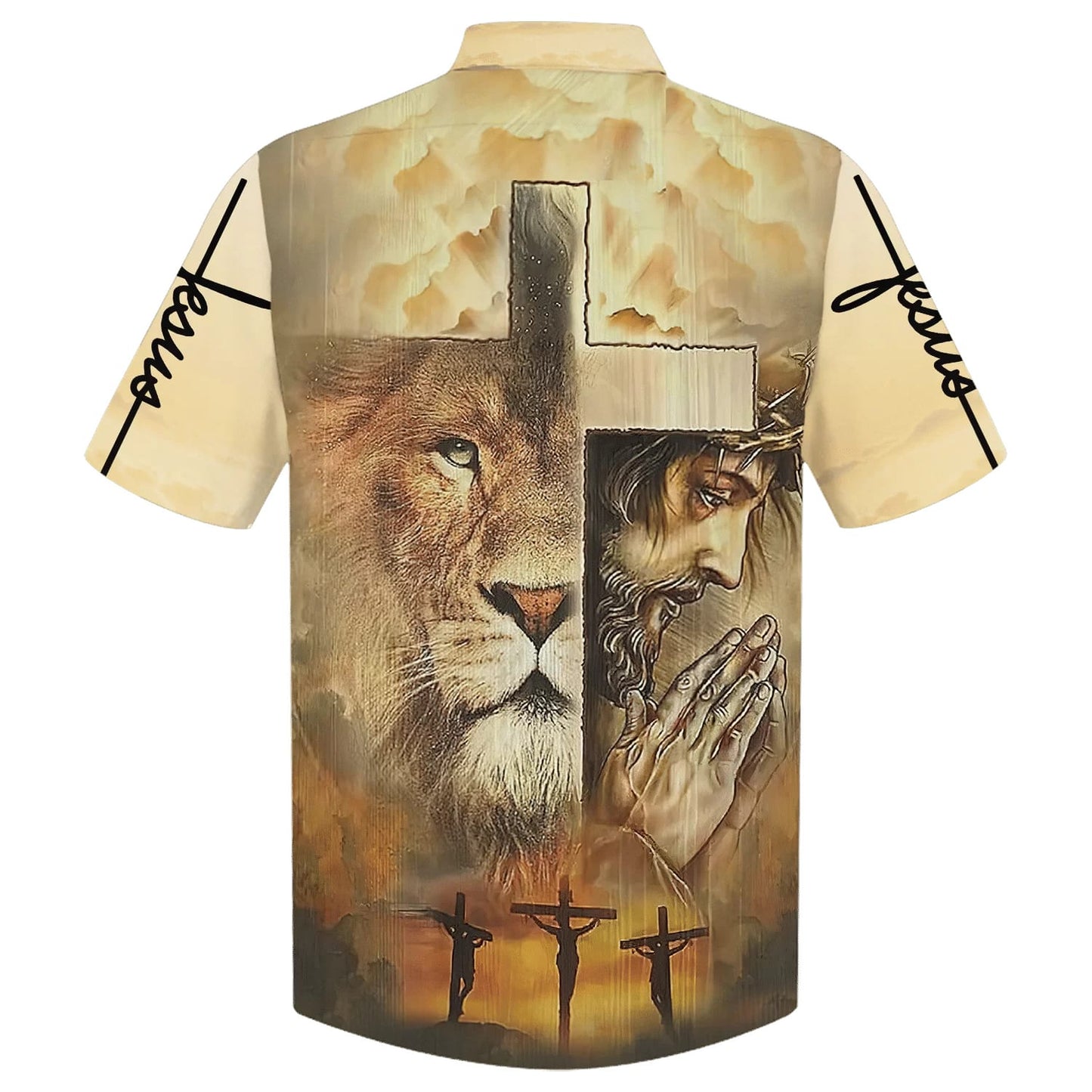 Jesus Praying Lion Of Judah Christian Cross Faith Hawaiian Shirt - Best Hawaiian Shirts - Christian Hawaiian Shirt