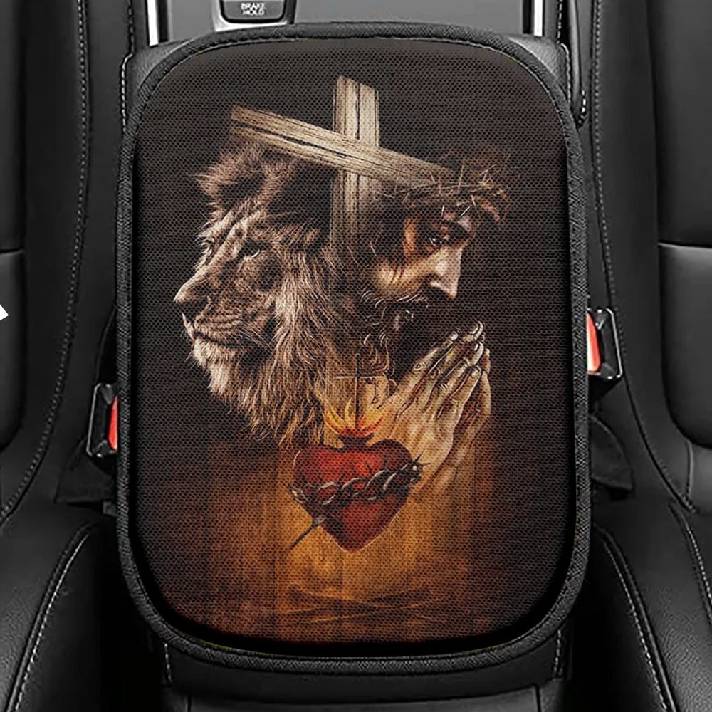 Jesus Prays Heart Lion Seat Box Cover, Lion Car Center Console Cover, Christian Inspirational Car Interior Accessories