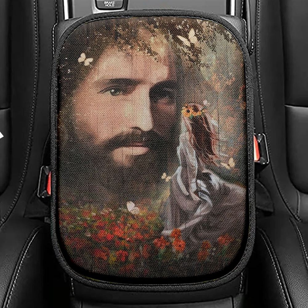 Jesus, Pretty Girl, Red Flower Garden, Flower Wreath Car Center Console Cover, Christian Armrest Seat Cover, Bible Seat Box Cover