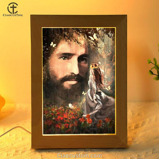 Jesus, Pretty Girl, Red Flower Garden, Flower Wreath Frame Lamp