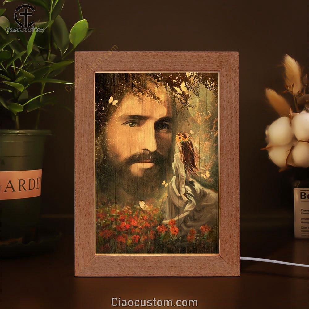 Jesus, Pretty Girl, Red Flower Garden, Flower Wreath Frame Lamp