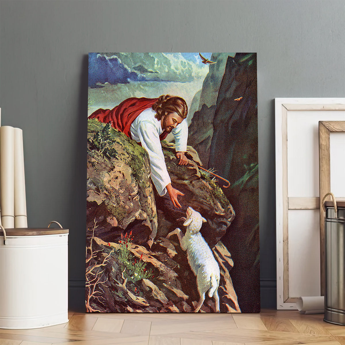 Jesus Reaching For A Lost Sheep  Canvas Wall Art - Jesus Canvas Pictures - Christian Wall Art