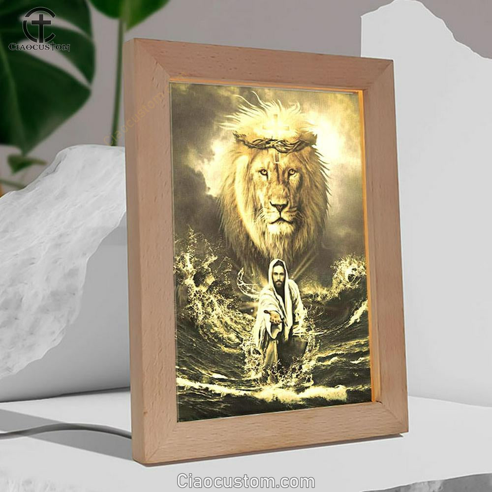 Jesus Reaching In The Water Jesus Lion Frame Lamp Prints - Bible Verse Wooden Lamp - Scripture Night Light