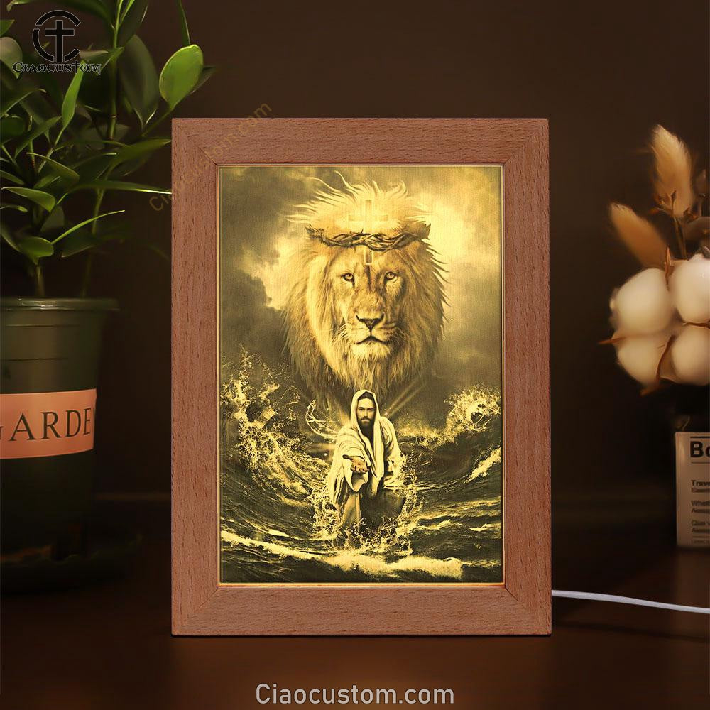 Jesus Reaching In The Water Jesus Lion Frame Lamp Prints - Bible Verse Wooden Lamp - Scripture Night Light