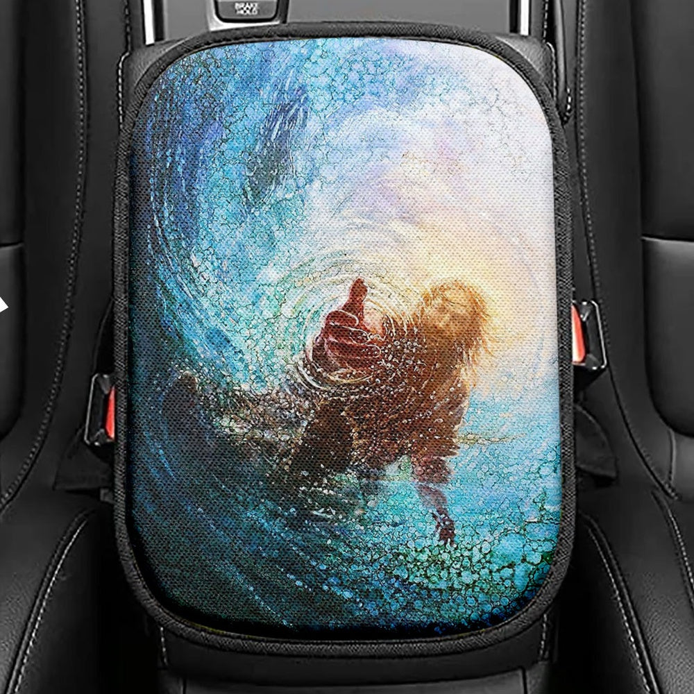 Jesus Reaching Into Water Seat Box Cover, Jesus Car Center Console Cover, Christian Car Interior Accessories