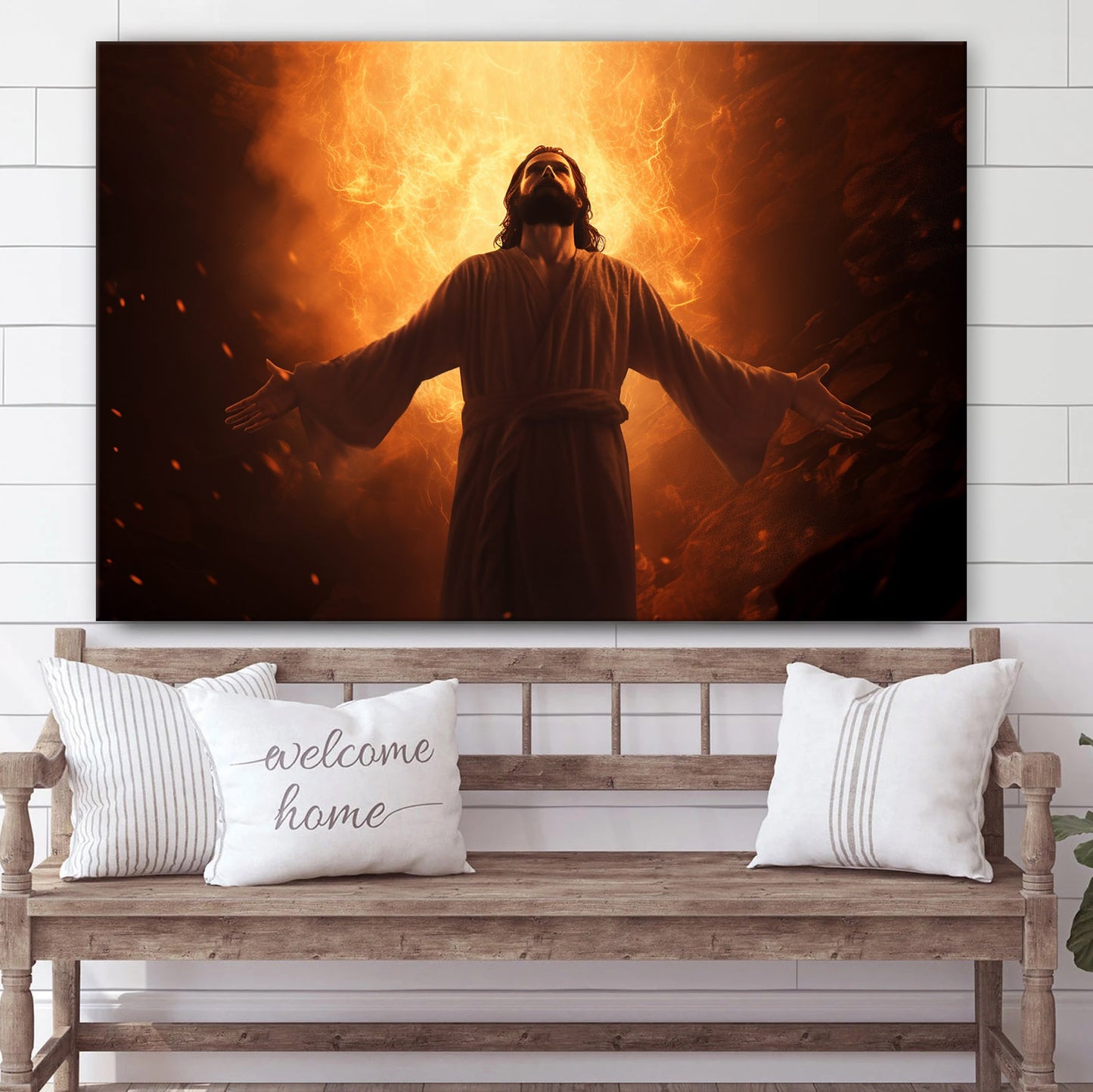 Jesus Reaching Towards A Bright Star Which Leads Him Into The Fiery Pit - Canvas Picture - Jesus Christ Canvas - Christian Wall Art