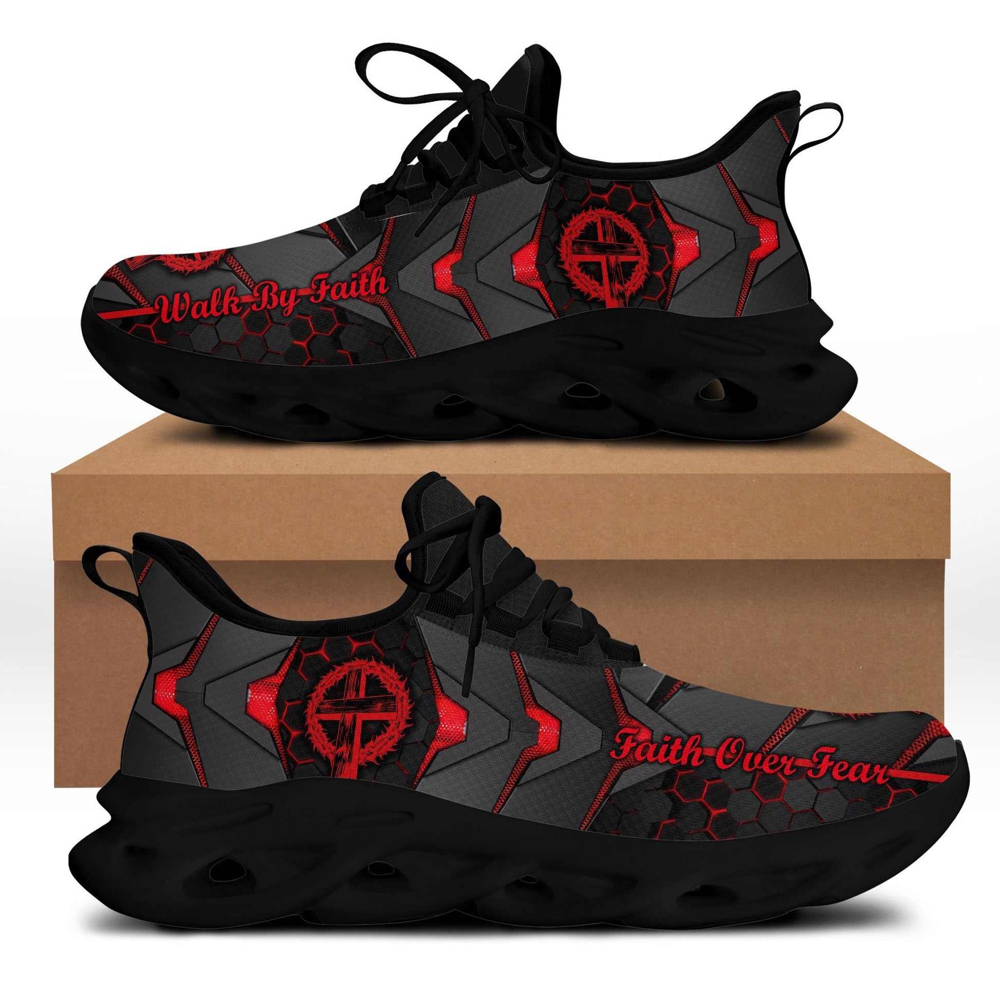 Jesus Red And Black Faith Over Fear Yezy Running Sneakers Max Soul Shoes - Christian Shoes For Men And Women