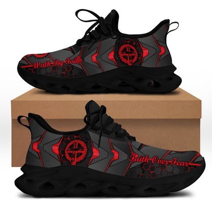 Jesus Red And Black Faith Over Fear Yezy Running Sneakers Max Soul Shoes - Christian Shoes For Men And Women