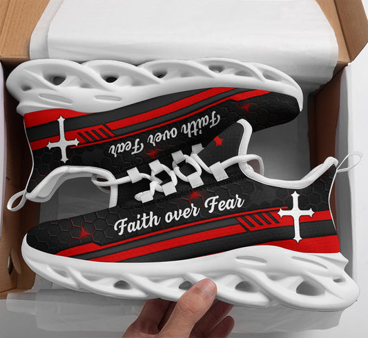 Jesus Red Black Faith Over Fear Yezy Running Sneakers Max Soul Shoes - Christian Shoes For Men And Women
