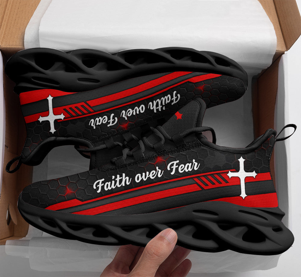 Jesus Red Black Faith Over Fear Yezy Running Sneakers Max Soul Shoes - Christian Shoes For Men And Women