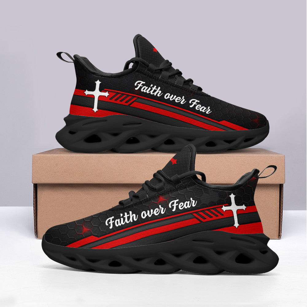Jesus Red Black Faith Over Fear Yezy Running Sneakers Max Soul Shoes - Christian Shoes For Men And Women