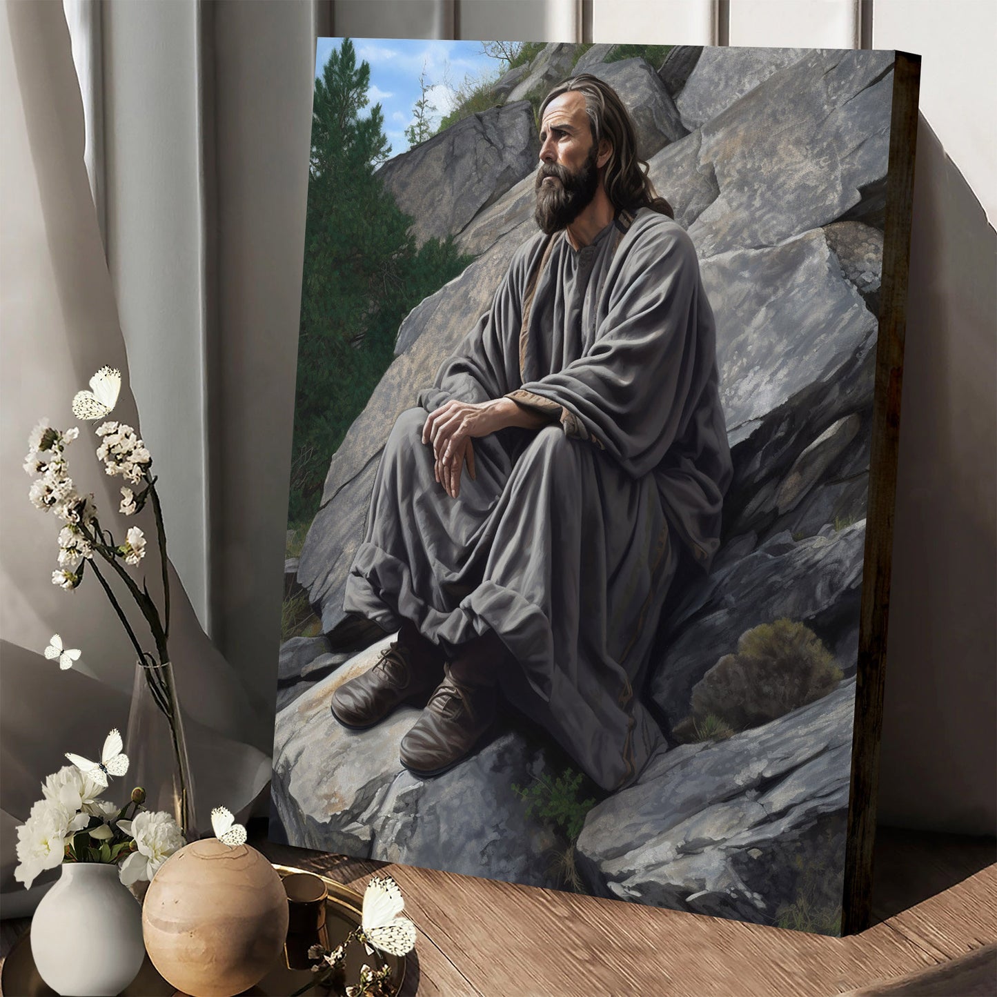 Jesus Relaxing On The Rock In The Wilderness - Canvas Picture - Jesus Christ Canvas - Christian Wall Art