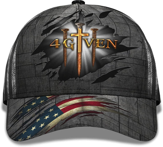 Jesus Religious Cross Nails And American Flag Forgiven 4given All Over Print Baseball Cap - Christian Hats For Men Women
