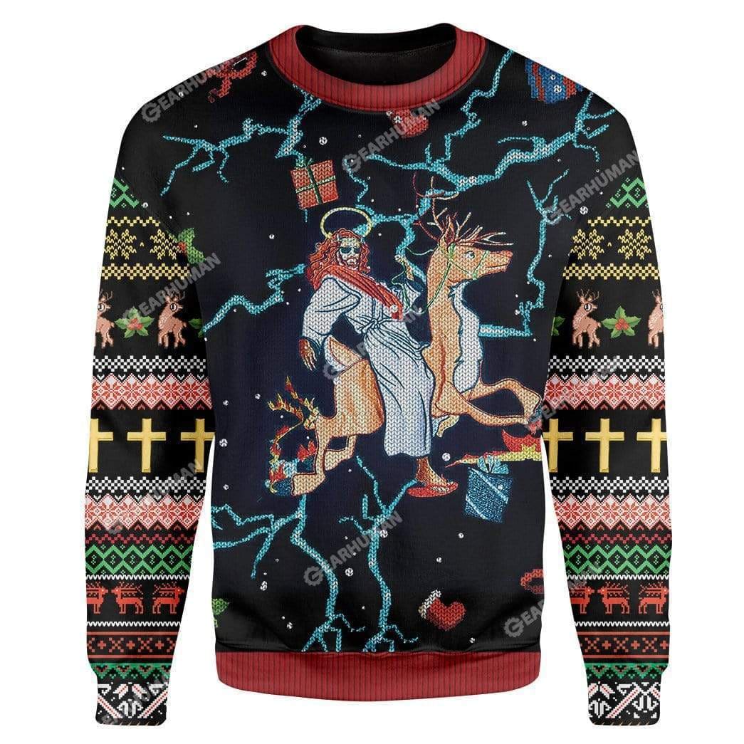 Jesus Riding Reindeer Black Christmas Ugly Christmas Sweater For Men & Women - Jesus Christ Sweater - Christian Shirts Gifts Idea