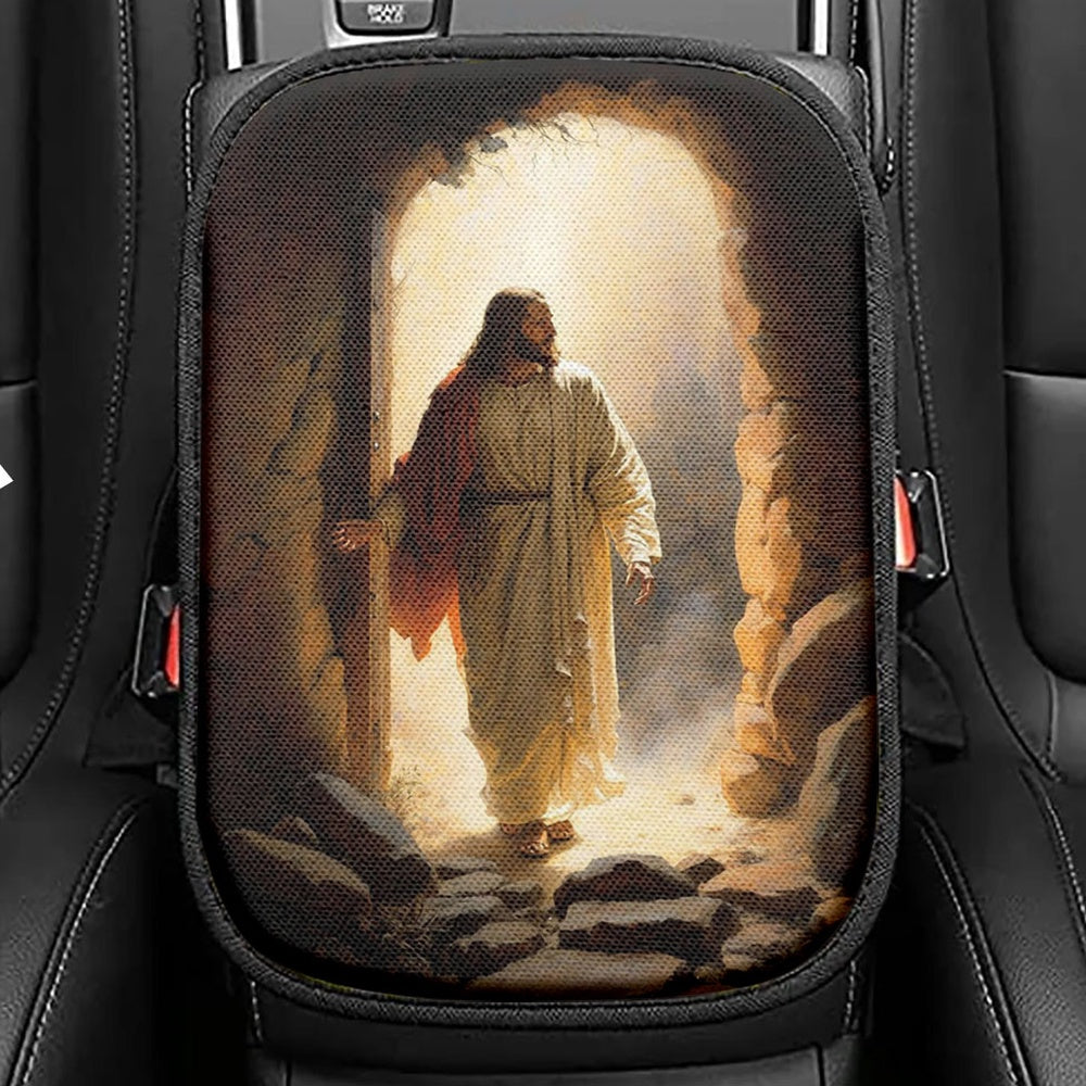 Jesus Rises From Cave Seat Box Cover, Religious Car Center Console Cover, Christian Car Interior Accessories