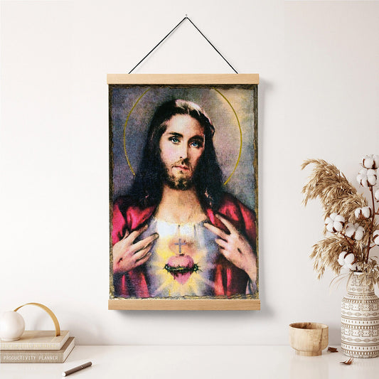 Jesus Sacred Heart Hanging Canvas Wall Art - Jesus Portrait Picture - Religious Gift - Christian Wall Art Decor