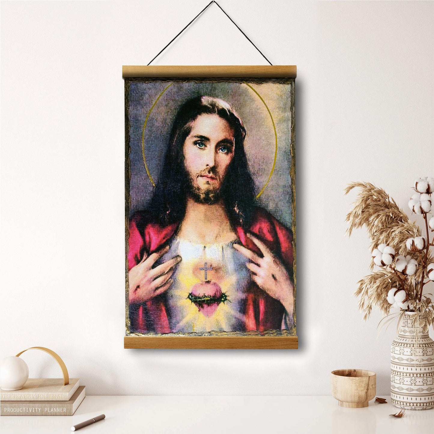 Jesus Sacred Heart Hanging Canvas Wall Art - Jesus Portrait Picture - Religious Gift - Christian Wall Art Decor