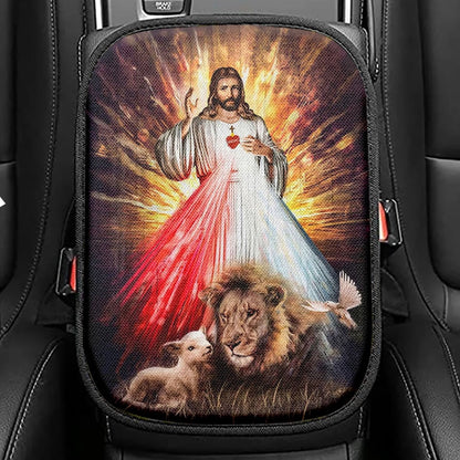 Jesus Sacred Heart Lion Lamb Seat Box Cover, Lion Car Center Console Cover, Christian Inspirational Car Interior Accessories