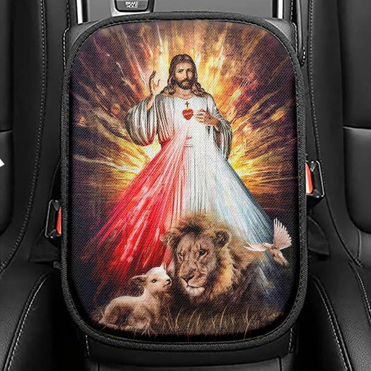 Jesus Sacred Heart Lion Lamb Seat Box Cover, Lion Car Center Console Cover, Christian Inspirational Car Interior Accessories