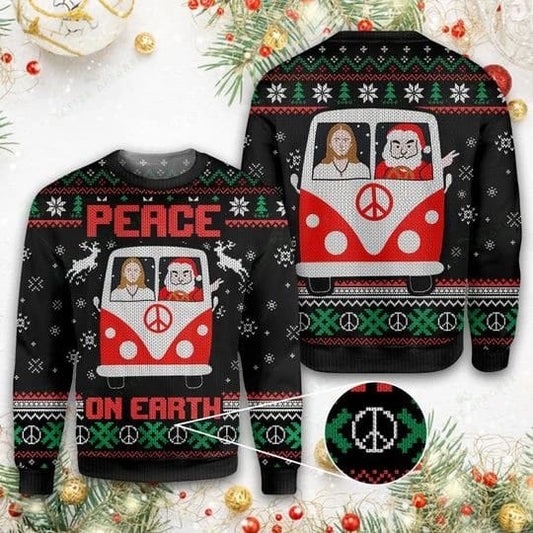 Jesus & Santa Peace On Earth Ugly Christmas Sweater For Men & Women - Jesus Christ Sweater - Christian Shirts Gifts Idea