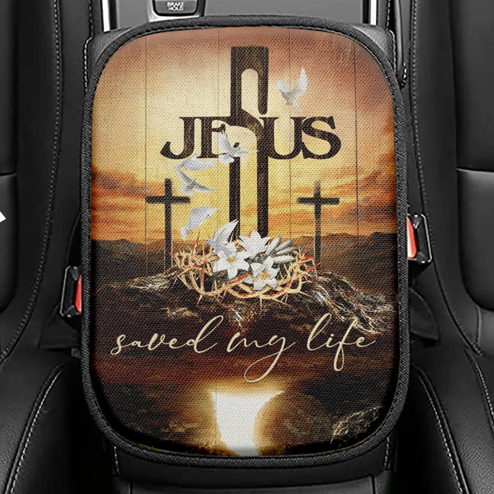 Jesus Saved My Life Hand Of God Christ Seat Box Cover, Jesus Christ Car Center Console Cover, Christian Car Interior Accessories
