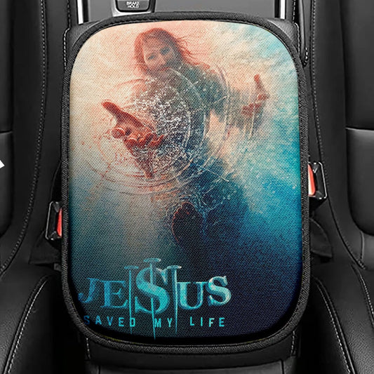 Jesus Saved My Life Heaven's Light The Wooden Cross Seat Box Cover, Jesus Portrait Car Center Console Cover, Christian Car Interior Accessories
