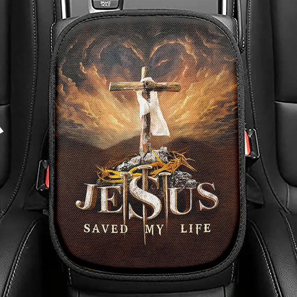 Jesus Saved My Life Seat Box Cover, Cross Crown Of Thorns White Lily White Dove Car Center Console Cover, Jesus Christ Car Interior Accessories