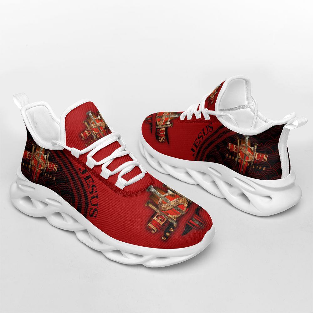 Jesus Saved My Life Yezy Red Running Sneakers Max Soul Shoes - Christian Shoes For Men And Women