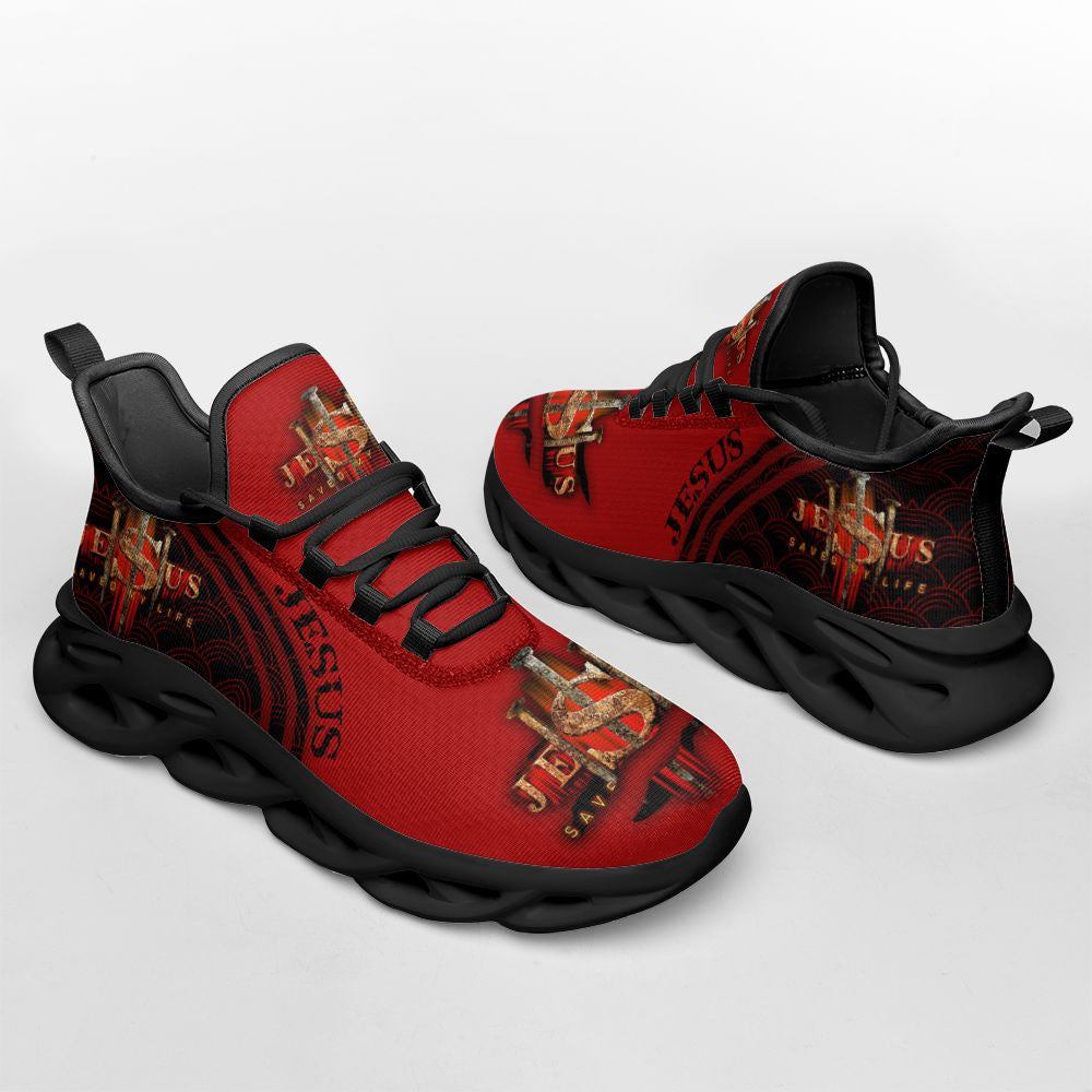 Jesus Saved My Life Yezy Red Running Sneakers Max Soul Shoes - Christian Shoes For Men And Women