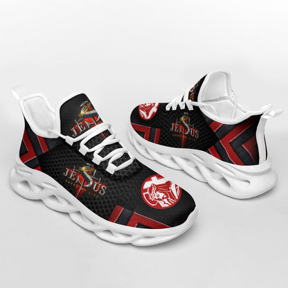Jesus Saved My Life Yezy Running Sneakers Black And Red Max Soul Shoes - Christian Shoes For Men And Women