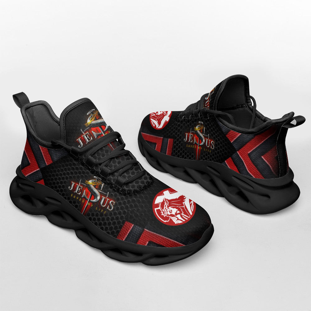 Jesus Saved My Life Yezy Running Sneakers Black And Red Max Soul Shoes - Christian Shoes For Men And Women