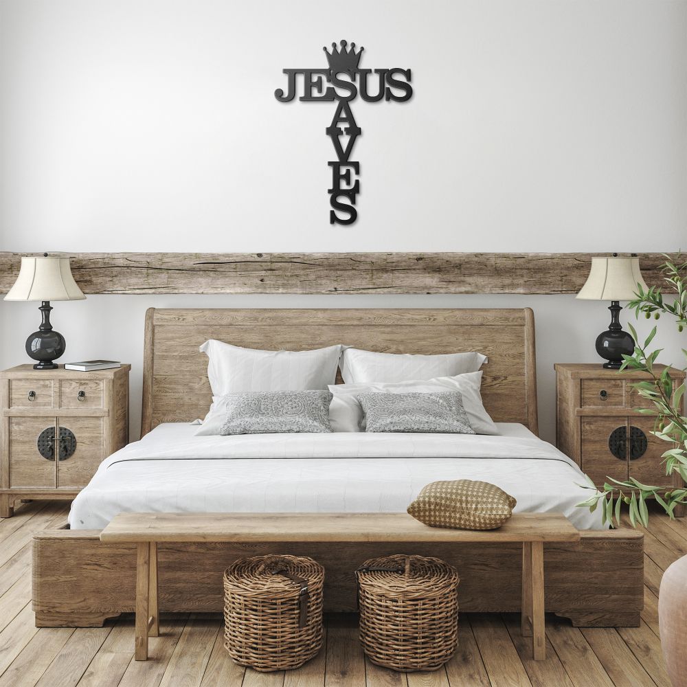 Jesus Saves Crown & Cross Metal Sign - Christian Metal Wall Art - Religious Metal Wall Decor