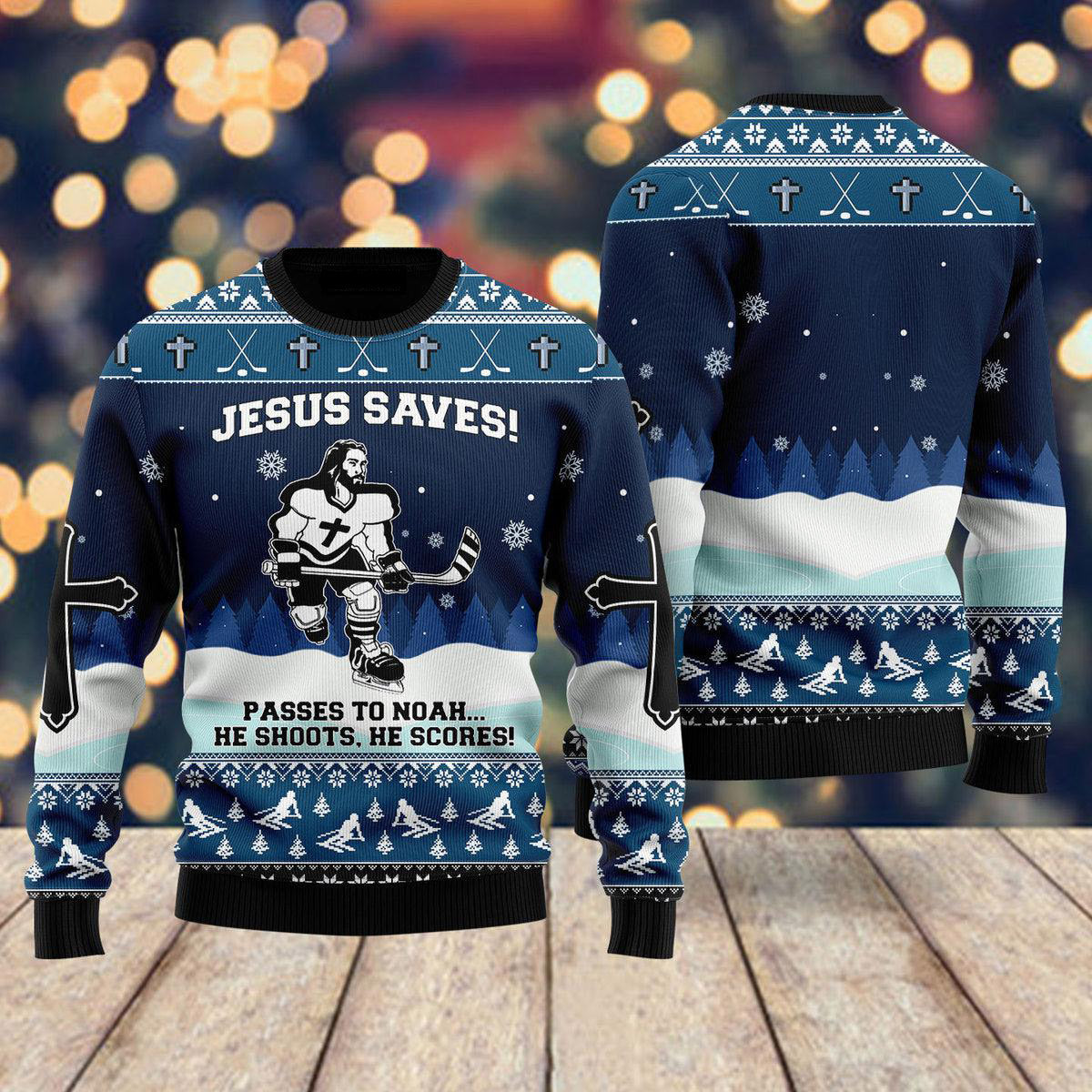 Jesus Saves Hockey Ugly Christmas Sweater For Men & Women - Jesus Christ Sweater - Christian Shirts Gifts Idea